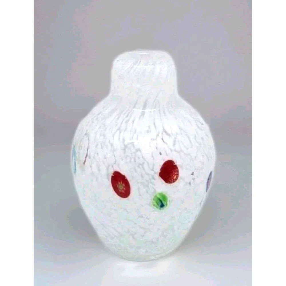 Art Glass Spotted Colored Mini White Millefiori Glass Hand Blown Vase 4.5